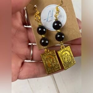 Gold-Tone “The World” Tarot Charm Drop Earrings with Garnet Beads